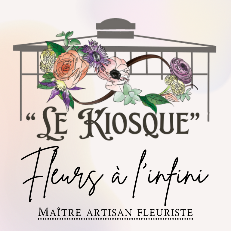 "Logo de la boutique de fleurs 'Se Kiosque' avec des fleurs et un texte en français."